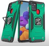 Voor Samsung Galaxy A21s magnetisch pantser schokbestendig TPU + pc-hoesje met metalen ringhouder (donkergroen)