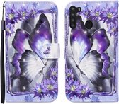 Voor Samsung Galaxy A21 (Amerikaanse versie) 3D-geverfd patroon Horizontale lederen flip-hoes met houder & portemonnee & kaartsleuf & lanyard (paarse bloemvlinder)