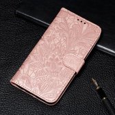 Voor LG K40S Kant Bloem Embossing Patroon Horizontale Flip Leren Case met Houder & Kaartsleuven & Portemonnee & Fotolijst & Lanyard (Rose Goud)