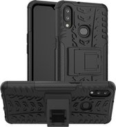 Voor Galaxy A10s Tyre Texture Shockproof TPU + PC beschermhoes met houder (zwart)