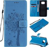 Voor Xiaomi Poco X3 NFC Tree & Cat Pattern Pressed Printing Horizontale Flip PU lederen tas met houder & kaartsleuven & portemonnee & lanyard (blauw)