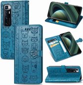 Voor xiaomi mi 10 ultra schattige kat en hond reliëf horizontale flip lederen tas met beugel / kaartsleuf / portemonnee / lanyard (blauw)