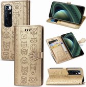 Voor xiaomi mi 10 ultra schattige kat en hond reliëf horizontale flip lederen tas met beugel / kaartsleuf / portemonnee / lanyard (goud)