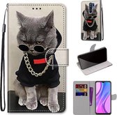 Voor Xiaomi Redmi 9 Gekleurde Tekening Cross Textuur Horizontale Flip PU Lederen Case met Houder & Kaartsleuven & Portemonnee & Lanyard (Gouden Ketting Grijze Kat)