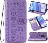 Voor Xiaomi Redmi 10X Pro Mooie kat en hond Embossing patroon Horizontale flip lederen tas, met houder & kaartsleuven & portemonnee & cartoon sluiting & lanyard (paars)