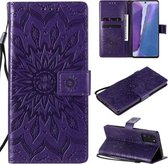 Voor Samsung Galaxy Note20 5G Sun Embossing Pattern Horizontale Flip Leather Case met Card Slot & Holder & Wallet & Lanyard (Purple)