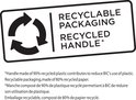 Symboles noirs indiquant un emballage recyclable et un manche en plastique recyclé à 90%.