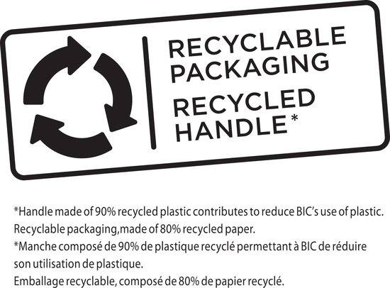 Symboles noirs indiquant un emballage recyclable et un manche en plastique recyclé à 90%.