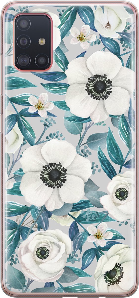 Leuke Telefoonhoesjes - Hoesje geschikt voor Samsung Galaxy A51 - Witte bloemen - Soft case - TPU - Bloemen - Blauw