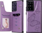 Vlinder reliëfpatroon schokbestendig beschermhoes met houder & kaartsleuven en fotolijst voor Samsung Galaxy Note20 Ultra (paars)