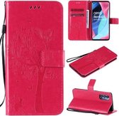 Voor Oppo Reno4 Pro 5G Boom & Kat Reliëfpatroon Horizontale Flip Leren Case met Houder & Kaartsleuven & Portemonnee & Lanyard (Rose Rood)