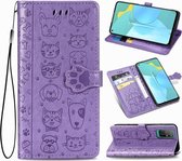 Voor Huawei Honor 30S Mooie Kat en Hond Embossing Patroon Horizontale Flip Leren Case, met Houder & Kaartsleuven & Portemonnee & Cartoon Sluiting & Lanyard (Paars)