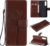 Voor Sony Xperia5 II Boom & Kat Patroon Geperst Afdrukken Horizontale Flip PU Lederen Case met Houder & Kaartsleuven & Portemonnee & Lanyard (Koffie)