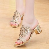 Modieuze slippers met dikke hak en strass-vissenmond, maat: 41 (goud)