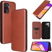 Voor OPPO A94 4G / F19 Pro / Reno5 F Koolstofvezel Textuur Magnetische Horizontale Flip TPU + PC + PU Lederen Case met Kaartsleuf (Bruin)