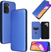 Voor OPPO A94 4G / F19 Pro / Reno5 F Koolstofvezel Textuur Magnetische Horizontale Flip TPU + PC + PU lederen tas met kaartsleuf (blauw)