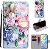 Gekleurde tekening Cross Texture Horizontale Flip PU lederen tas met houder & kaartsleuven & portemonnee & lanyard voor iPhone 12 Pro Max (lichtroze boeket)