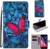 Gekleurde tekening Cross Texture Horizontale Flip PU lederen tas met houder & kaartsleuven & portemonnee & lanyard voor iPhone SE 2020/8/7 (blauw rood vlinder)