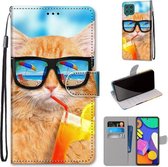 Voor Samsung Galaxy F62 / M62 Gekleurde Tekening Cross Textuur Horizontale Flip PU Lederen Case met Houder & Kaartsleuven & Portemonnee & Lanyard (Kat Drinken Soda)