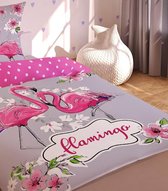 1-persoons dekbedovertrek grijs met roze flamingo en bloemen glow-in-the-dark KATOEN 140 x 200 cm