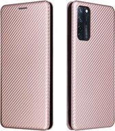 Voor ZTE Axon 20 5G / 4G Koolstofvezel Textuur Magnetische Horizontale Flip TPU + PC + PU lederen tas met kaartsleuf (roze)