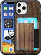 Houtnerf PU + TPU beschermhoes met kaartsleuf voor iPhone 12/12 Pro (walnoot)