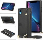 Voor iPhone XR polsband PU + TPU schokbestendige beschermhoes met crossbody lanyard & houder & kaartsleuf (zwart)