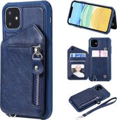 Voor iPhone 11 Dubbele gespen Rits Schokbestendige achterkant Beschermhoes met houder & kaartsleuven & portemonnee & lanyard & fotolijsten (blauw)