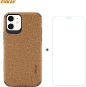 Voor iPhone 11 ENKAY ENK-PC0312 2 in 1 Business Series Denim Textuur PU-leer + TPU Soft Slim Case Cover ＆ 0.26mm 9H 2.5D Gehard Glas Film (Bruin)