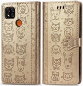 Voor Xiaomi Redmi 9C Leuke Kat en Hond Reliëf Horizontale Flip Leren Case met Houder & Kaartsleuven & Portemonnee & Lanyard (Goud)