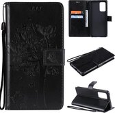 Voor Samsung Galaxy A72 5G Boom & Kat Patroon Geperst Afdrukken Horizontale Flip PU Lederen Case met Houder & Kaartsleuven & Portemonnee & Lanyard (Zwart)