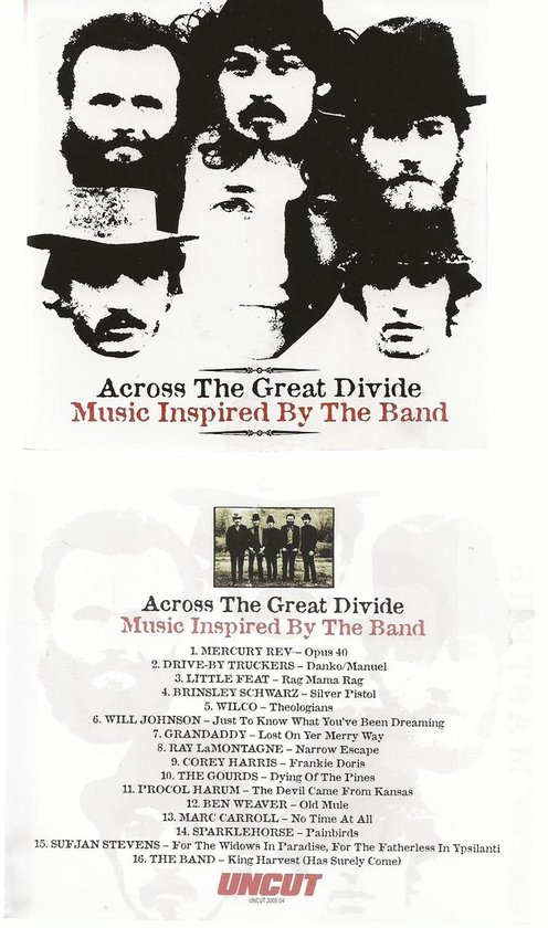 Albumcover met zwart-wit foto van The Band, titel Across The Great Divide, Music Inspired By The Band, tracklist.