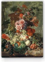 Schilderij - Stilleven met bloemen en vruchten2 - Jan van Huysum - 19,5 x 26 cm - Niet van echt te onderscheiden handgelakt schilderijtje op hout - Mooier dan een print op canvas.