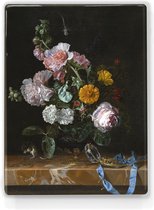 Vanitas Stilleven met bloemen - Willem van Aelst - 19,5 x 26 cm - Niet van echt te onderscheiden houten schilderijtje - Mooier dan een schilderij op canvas - Laqueprint.