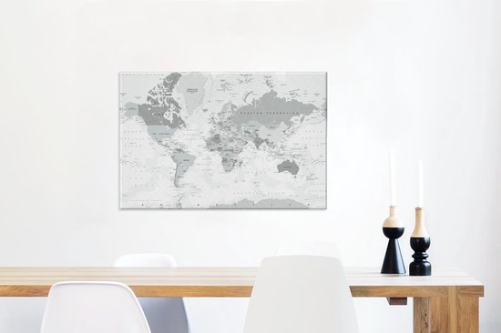 Canvas schilderij 90x60 cm - Wanddecoratie Wereldkaart - Wit - Grijs - Aarde - Muurdecoratie woonkamer - Kamer decoratie accessoires - Schilderijen