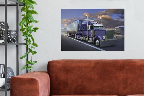 Schilderij Paars gekleurde Vrachtwagen - 90x60 cm - Wanddecoratie | bol.com