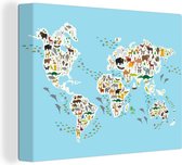 Canvas Wereldkaart - 80x60 - Wanddecoratie Wereldkaart kinderen - Dieren - Kleuren