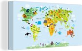 Canvas Wereldkaart - 40x20 - Wanddecoratie Wereldkaart Kinderen - Dieren - Kleuren