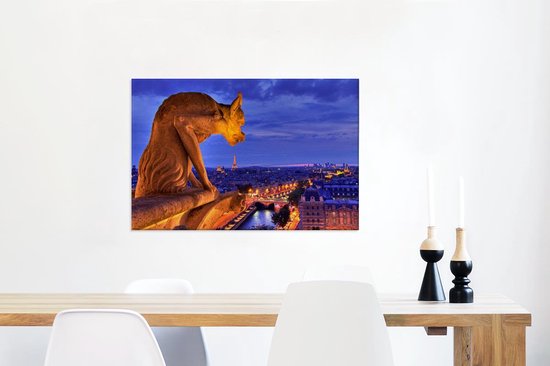 Gargouille dans la nuit au sommet de Notre Dame à Paris Toile 60x40 cm - Tirage photo sur toile (Décoration murale salon / chambre) / Villes européennes Peintures sur toile