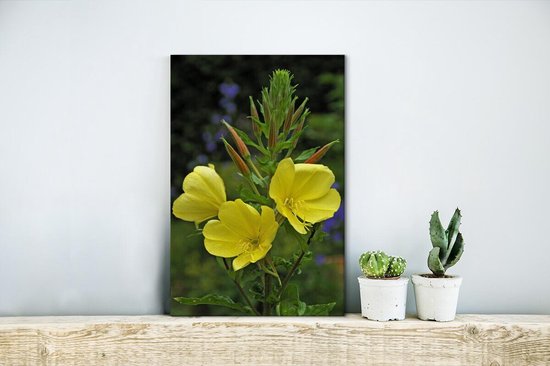 Canvas Schilderij Drie gele teunis bloemen op groene achtergrond - 20x30 cm - Wanddecoratie