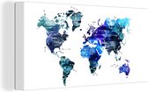 Canvas Wereldkaart - 80x40 - Wanddecoratie Wereldkaart - Sterrenhemel - Blauw