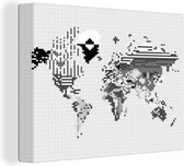 Canvas Wereldkaart - 80x60 - Wanddecoratie Wereldkaart - Pixel - Zwart Wit