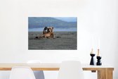 Canvas Schilderij Grizzlybeer - Zand - Zee - 60x40 cm - Wanddecoratie