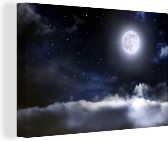 La pleine lune entourée de nuages et d'étoiles toile 60x40 cm - Tirage photo sur toile (Décoration murale salon / chambre)