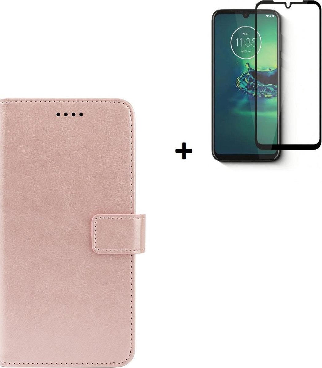 Geschikt voor Motorola Moto G10 Hoesje - Motorola Moto G10 Full Screenprotector - Motorola Moto G10 Hoes Wallet Bookcase Rose Goud + Full Tempered Glass