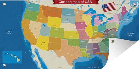Tuinposter Een cartoonillustratie van kaart van de staten in de VS - 60x30 cm - Tuindoek - Buitenposter