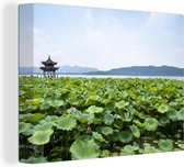 Canvas Schilderij Uitzicht op het West Lake in China en lotusbloemen - 120x90 cm - Wanddecoratie