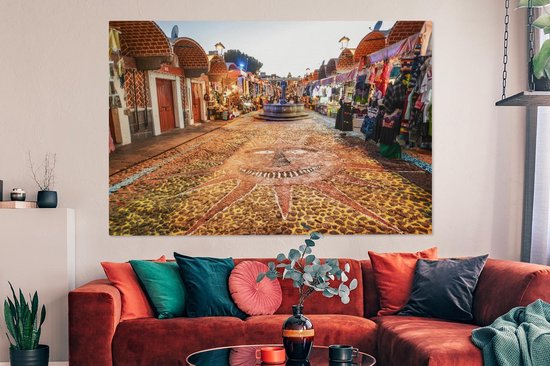Canvas schilderij 150x100 cm - Wanddecoratie Markt in de stad Puebla in Mexico - Muurdecoratie woonkamer - Slaapkamer decoratie - Kamer accessoires - Schilderijen