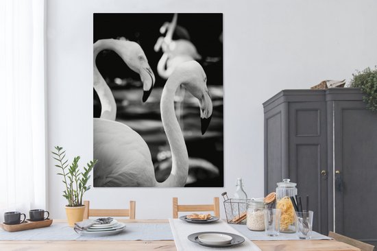 Gros plan de flamants roses en noir et blanc 120x160 cm - Tirage photo sur toile (Décoration murale salon / chambre) XXL / Groot format!