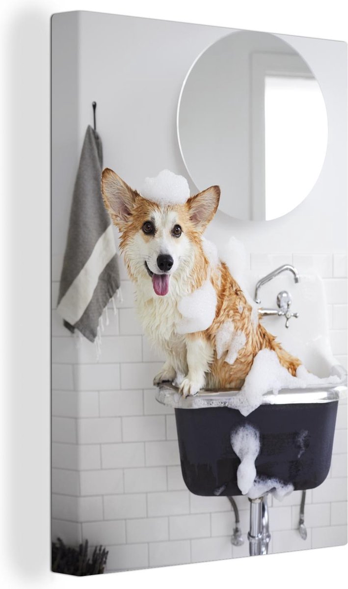 Canvas Schilderij Hond - Wasbak - Spiegel - 40x60 cm - Wanddecoratie